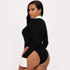 Fashion Patchwork Hollow Out Bodysuit Seventh Pant Suit SHD-9582