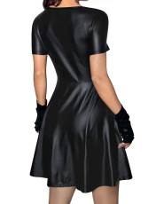 V Neck Zipper Faux Leather Mini Dress OMY-12023