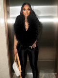 Feather Patchwork Deep V Neck Jumpsuit CH-25058