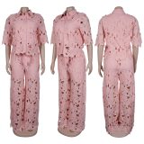 Hollow Out Lace Tie Up Two Piece Pant Set NY-3793