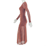 Solid Color Ruched Long Sleeve Maxi Dress GJYO-JD303290
