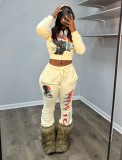 Letter Print Hooded Coats Two Piece Pants Set GFCF-1423