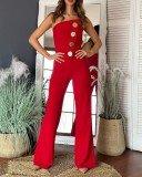 Solid Color Wrap Chest Micro Flare Jumpsuit GSZE-ST24265