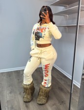 Letter Print Hooded Coats Two Piece Pants Set GFCF-1423