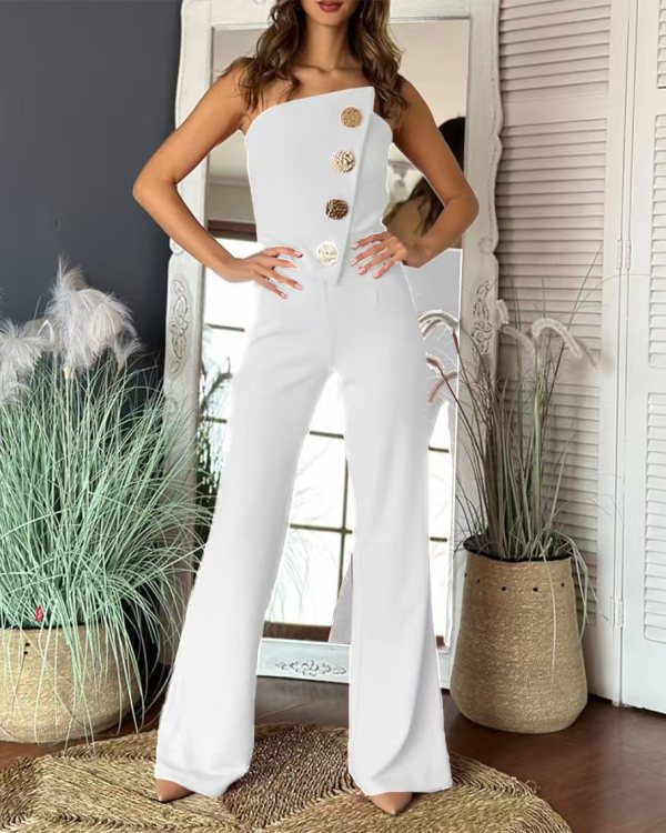 Solid Color Wrap Chest Micro Flare Jumpsuit GSZE-ST24265