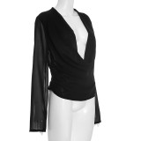 Deep V-Neck Chiffon Mesh Long-Sleeve Blouse MXBF-J25TP327