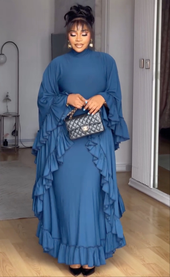 Plus Size Fashion Half-High Neck Batwing Sleeve Ruffled Dress GANY-LB1864