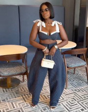 Fashion Sexy Patchwork Strappy Crop Top And Wide-Leg Pants Suit GANY-LB1711