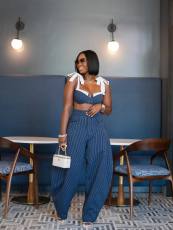 Fashion Sexy Patchwork Strappy Crop Top And Wide-Leg Pants Suit GANY-LB1711