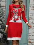 Christmas Pattern Crew Neck Knit Sweater Dress GSGS-3888