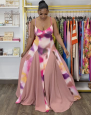 V Neck Sling Print Backless Maxi Dress GANY-LB1193