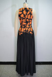 Sleeveless Print Color Block Pleated Maxi Dress GANY-LB1225