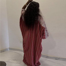 Lace Patchwork V Neck Stripe Maxi Dress GANY-LB1329