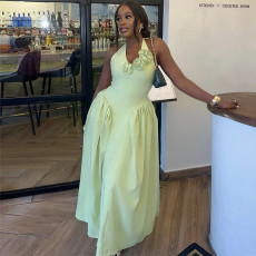 Halterneck V Neck Solid Color Maxi Dress GANY-LB1290