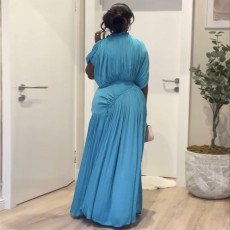 Half Sleeve Pleated Solid Color Maxi Dress GANY-LB1515