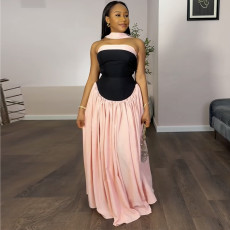 Wrap Chest Color Block Pleated Maxi Dress GANY-LB1001