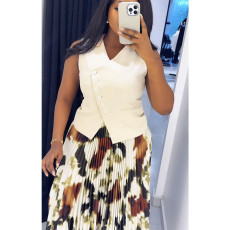 Sleeveless V Neck Vest And Print Long Skirts Suit GANY-LB1069