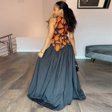 Sleeveless Print Color Block Pleated Maxi Dress GANY-LB1225