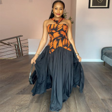 Sleeveless Print Color Block Pleated Maxi Dress GANY-LB1225