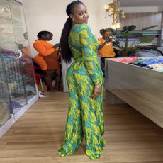 Print Slash Neck Long Sleeve Wide Leg Pants Suit GANY-LB669