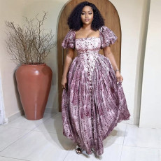 Square Neck Bubble Sleeve Print Maxi Dress GANY-LB1076