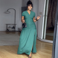 Short Sleeve V Neck Pleated Split Maxi Dress GANY-LB1587
