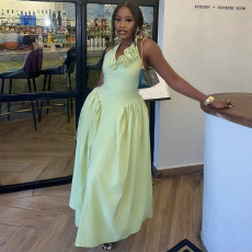 Halterneck V Neck Solid Color Maxi Dress GANY-LB1290