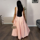 Wrap Chest Color Block Pleated Maxi Dress GANY-LB1001