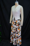 Sleeveless V Neck Vest And Print Long Skirts Suit GANY-LB1069