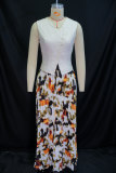 Sleeveless V Neck Vest And Print Long Skirts Suit GANY-LB1069