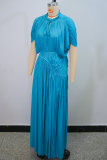 Half Sleeve Pleated Solid Color Maxi Dress GANY-LB1515