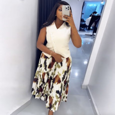Sleeveless V Neck Vest And Print Long Skirts Suit GANY-LB1069