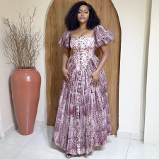 Square Neck Bubble Sleeve Print Maxi Dress GANY-LB1076