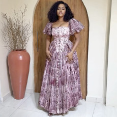 Square Neck Bubble Sleeve Print Maxi Dress GANY-LB1076