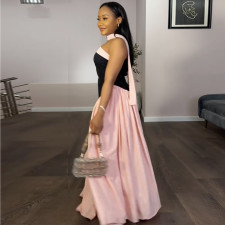 Wrap Chest Color Block Pleated Maxi Dress GANY-LB1001