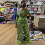 Print Slash Neck Long Sleeve Wide Leg Pants Suit GANY-LB669