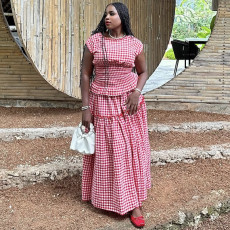 Plaid Print Short Sleeve Two Piece Skirt Set GANY-LB1224