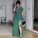Short Sleeve V Neck Pleated Split Maxi Dress GANY-LB1587