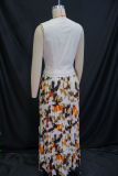 Sleeveless V Neck Vest And Print Long Skirts Suit GANY-LB1069