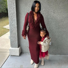 Deep V Neck Solid Color Knits Long Dress DLSF-W25D84208
