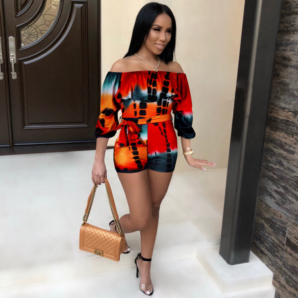 Printed Off Shoulder Waist Belt Jumpsuit FSXF-F25X