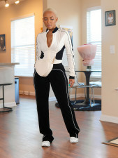 Casual Patchwork Zipper Tops Pants 2 Piece Set SH-391413