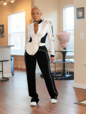 Casual Patchwork Zipper Tops Pants 2 Piece Set SH-391413