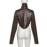 High-Neck Solid Color Short Zipper PU Leather Jacket XEF-K25C84468