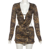 Leopard Print V Neck Long Sleeve Skirt Suit XEF-K25S85189
