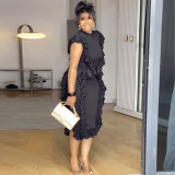 Plus Size Solid Color Sleeveless Ruffles Midi Dress GANY-LB1136