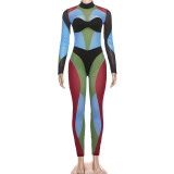 Contrast Color Long Sleeve Tight Jumpsuit DLSF-K25Q85453