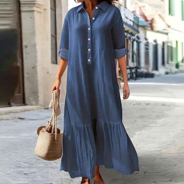 Plus Size Long Sleeve Lapel Denim Long Dress GDAM-218717
