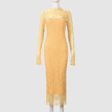 Lace See Through Long Sleeve Slim Long Dress GFRT-32428SBY