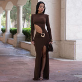 Sexy Long Sleeve Hollow Out Split Maxi Dress YF-10947